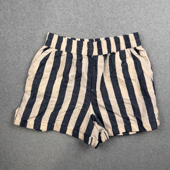 Pact Pants - Pact Shorts Womens Small Navy Blue Cream Linen Blend Striped Pull On Nautical
